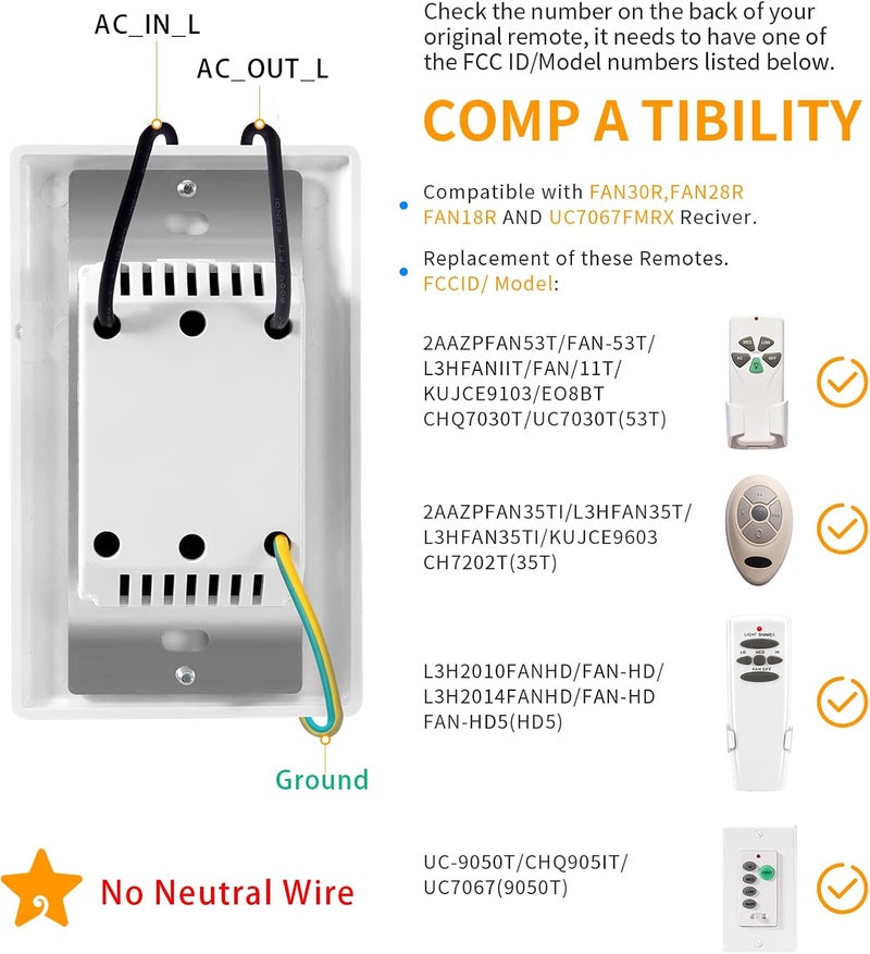 Humpptom Universal Ceiling Fan Remote Control, Ceiling Fan Wall Switch UC9050T, UC9050T Ceiling Fan Wall Remote Control Compatible with Hampton Bay Harbor Breeze Hunter - Image 4
